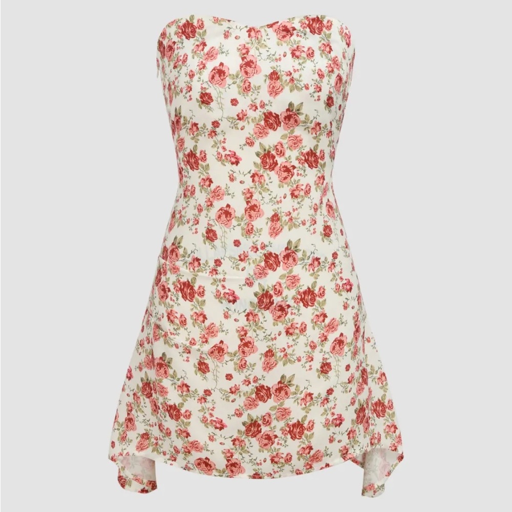 Satin Floral Strapless Mini Dress. From brand Cider. Never worn. Size small.